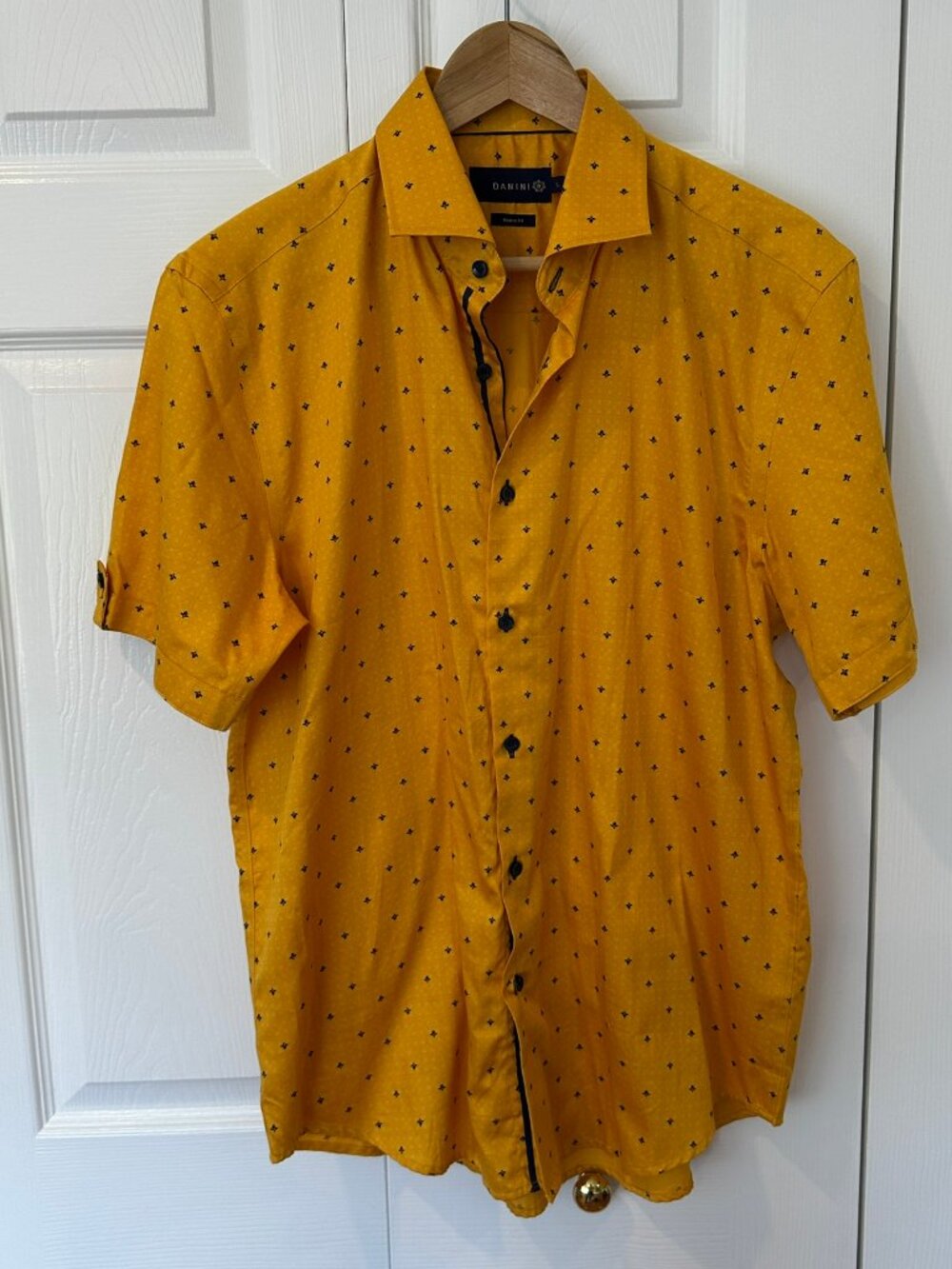 Danini Men's Mustard Yellow Cotton Short Sleeve Shirt L, Slim Modern Fit
